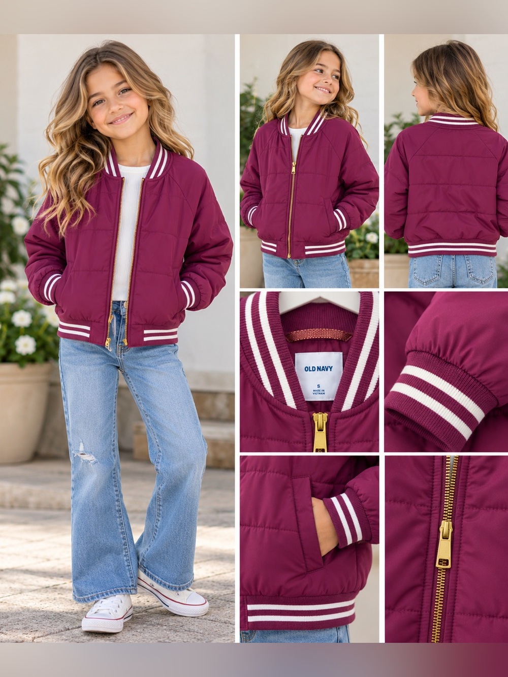 Old Navy Kids' Plum Quilted Puffer Bomber Jacket with Stripe Trim